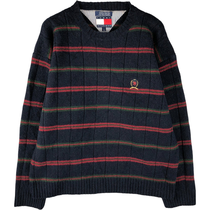 Vintage 90'S Tommy Hilfiger striped ribbed wool knit sweater, size L, men's wool navy blue type Vintage Second Hand