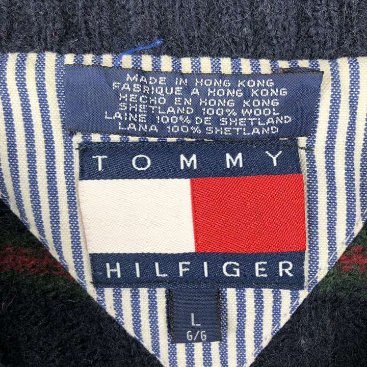 Vintage 90'S Tommy Hilfiger striped ribbed wool knit sweater, size L, men's wool navy blue type Vintage Second Hand