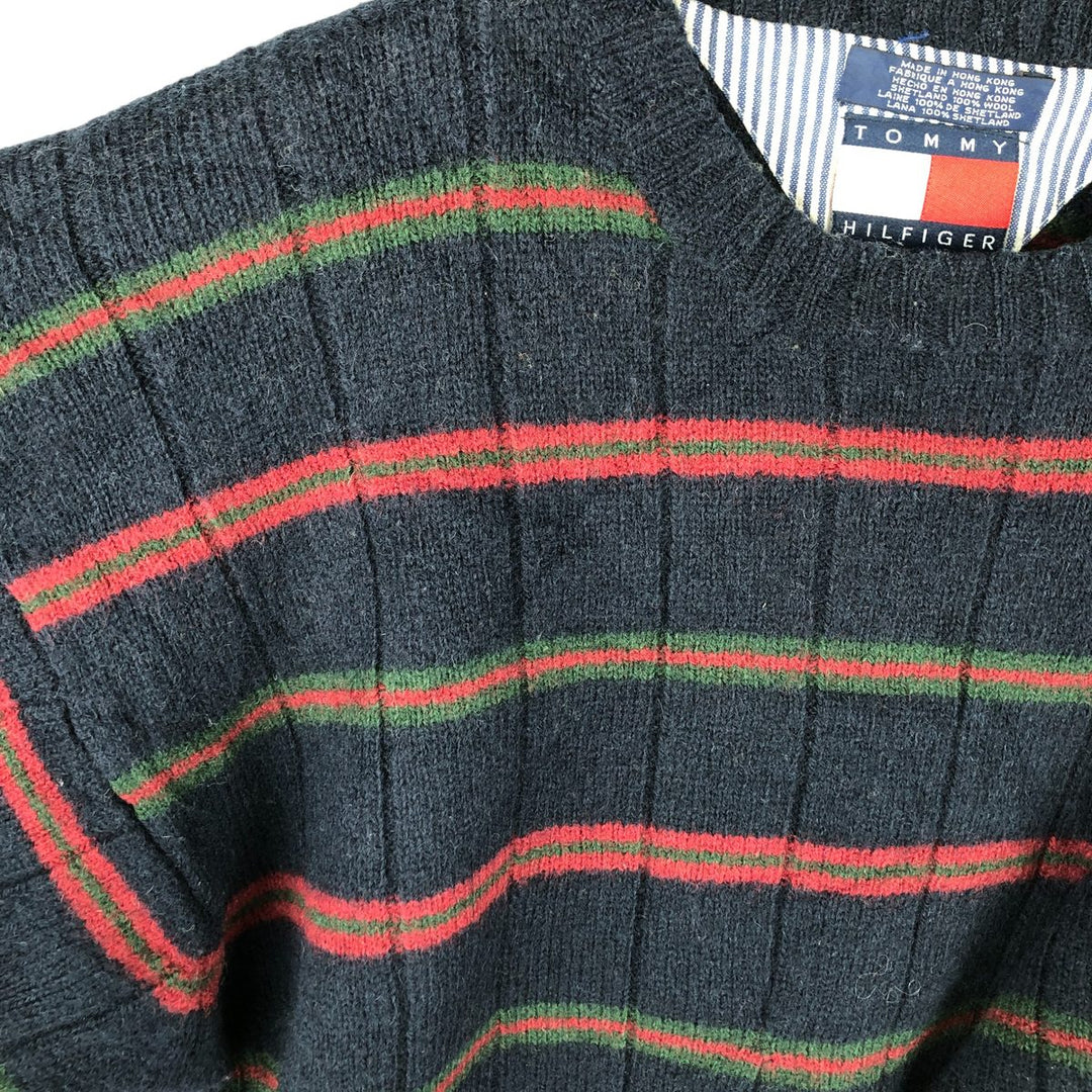 Vintage 90'S Tommy Hilfiger striped ribbed wool knit sweater, size L, men's wool navy blue type Vintage Second Hand