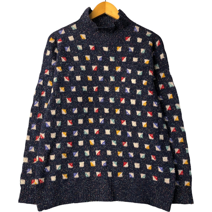 Burberry's Color Nep All-Over Print High-Neck Wool Knit Sweater, Made in England, Men's Size L wool navy blue type Vintage Second Hand