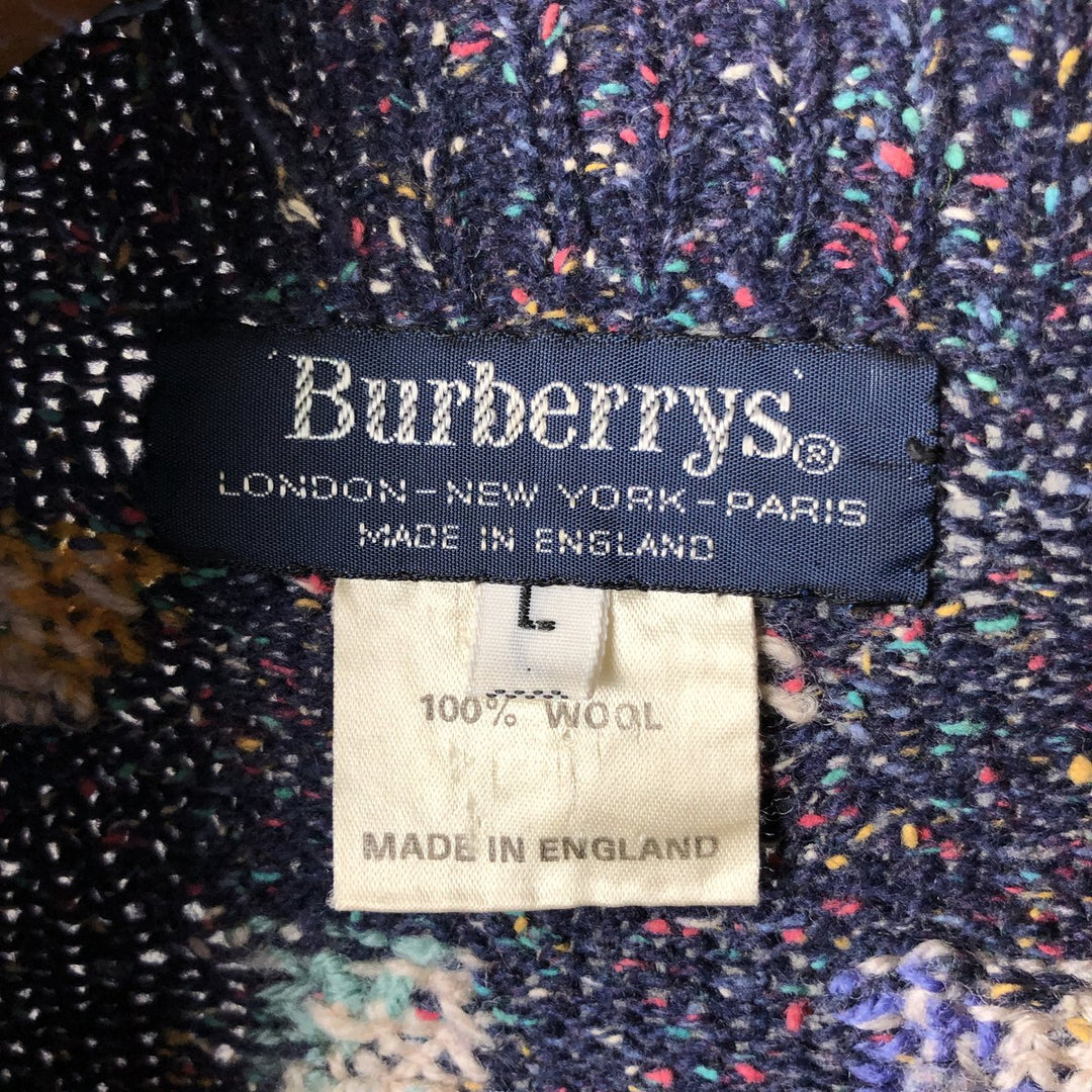 Burberry's Color Nep All-Over Print High-Neck Wool Knit Sweater, Made in England, Men's Size L wool navy blue type Vintage Second Hand