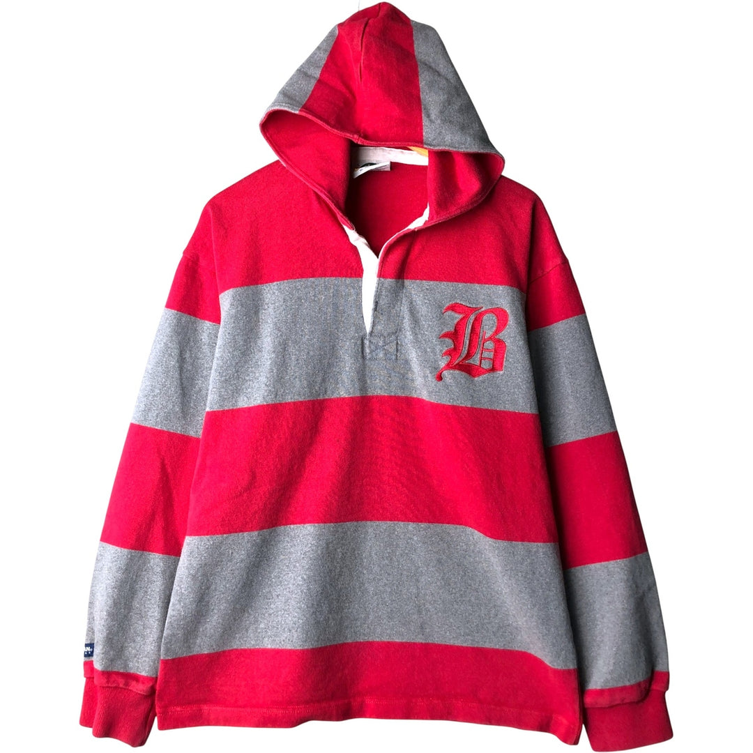 Vintage 90s-00'S BARBARIAN striped hooded long-sleeved rugby shirt, made in Canada, size L, men's cotton red type Vintage Second Hand