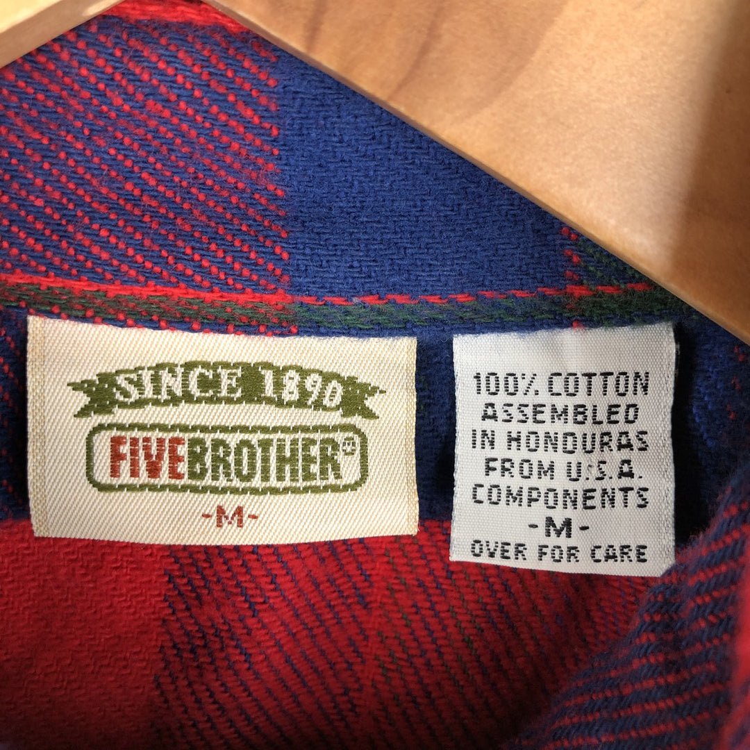 90'S Five Brother Long Sleeve Flannel Check Shirt Men's M Size Vintage cotton navy blue type Vintage Second Hand