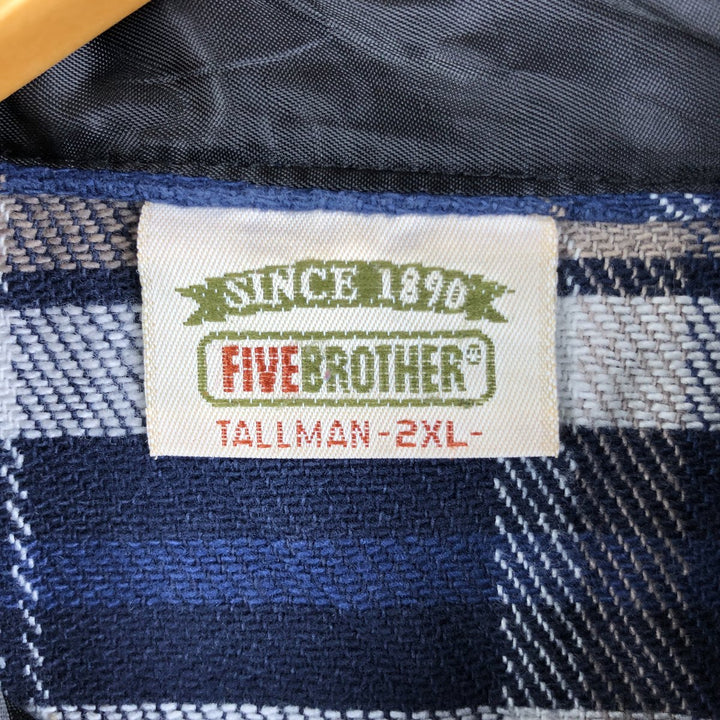 90'S Vintage Five Brother Long Sleeve Flannel Check Shirt, Made in USA, Men's Size XXL cotton navy blue type Vintage Second Hand