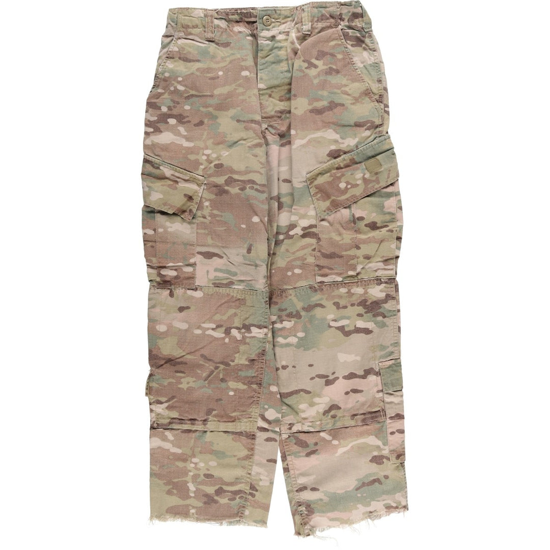 Authentic US military camouflage pattern Multicam camo ripstop double knee military cargo combat pants, USA made, men's size small Rayon Khaki type sage green Vintage Second Hand