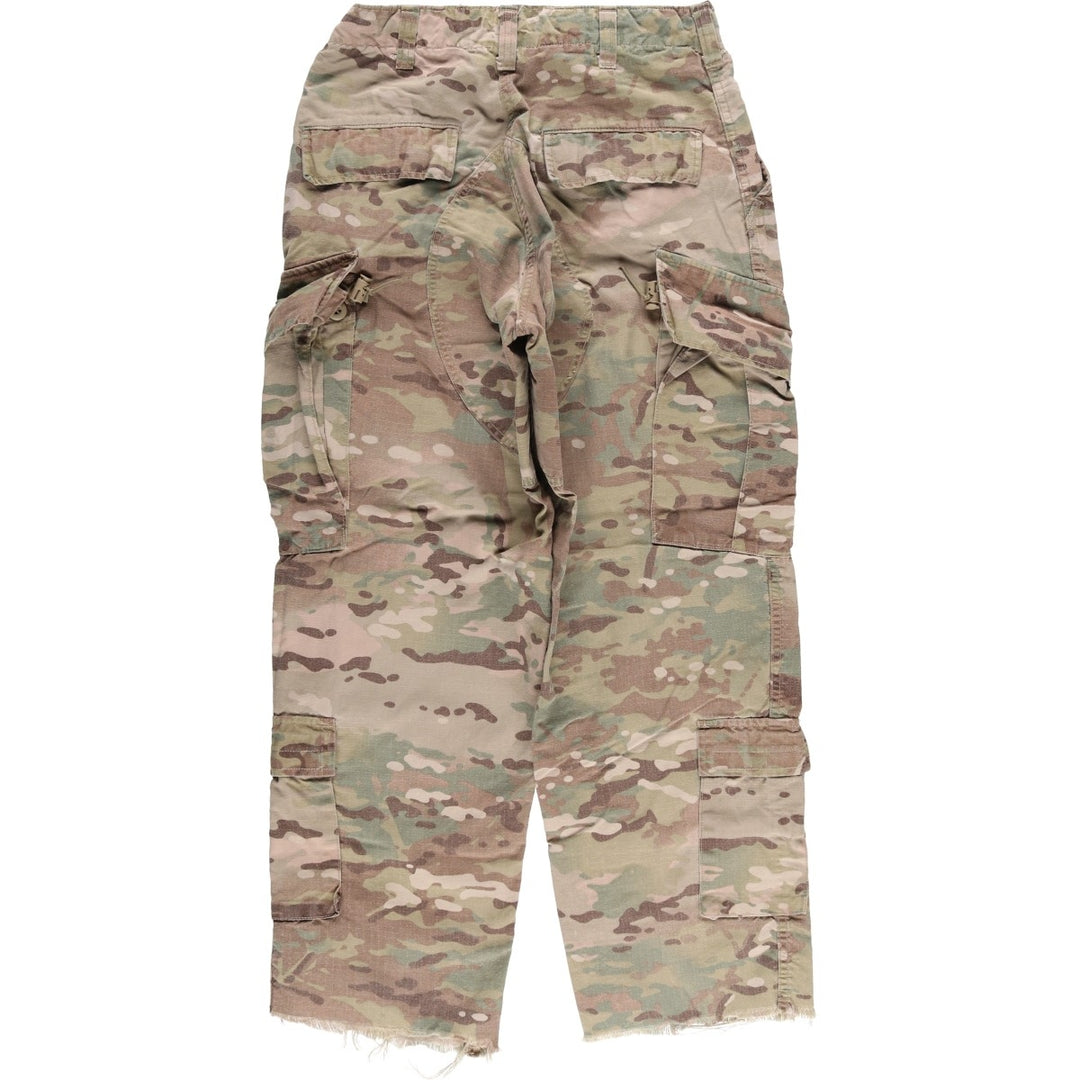 Authentic US military camouflage pattern Multicam camo ripstop double knee military cargo combat pants, USA made, men's size small Rayon Khaki type sage green Vintage Second Hand