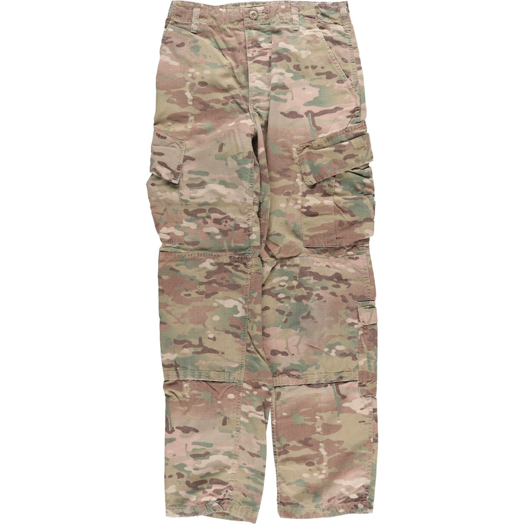 Authentic US military camouflage pattern Multicam camo ripstop double knee military cargo combat pants, USA made, men's size small Rayon Khaki type sage green Vintage Second Hand