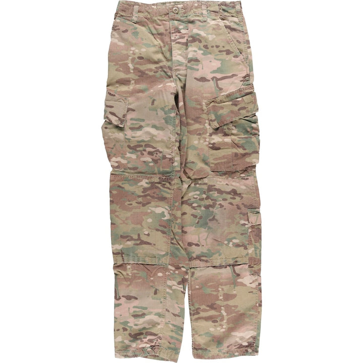 Authentic US military camouflage pattern Multicam camo ripstop double knee military cargo combat pants, USA made, men's size small Rayon Khaki type sage green Vintage Second Hand