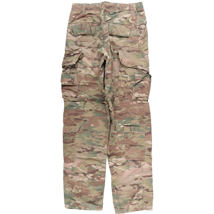 Authentic US military camouflage pattern Multicam camo ripstop double knee military cargo combat pants, USA made, men's size small Rayon Khaki type sage green Vintage Second Hand