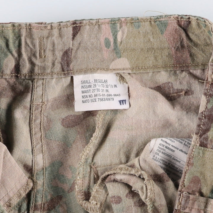 Authentic US military camouflage pattern Multicam camo ripstop double knee military cargo combat pants, USA made, men's size small Rayon Khaki type sage green Vintage Second Hand