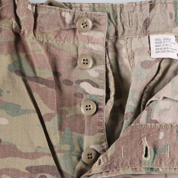 Authentic US military camouflage pattern Multicam camo ripstop double knee military cargo combat pants, USA made, men's size small Rayon Khaki type sage green Vintage Second Hand