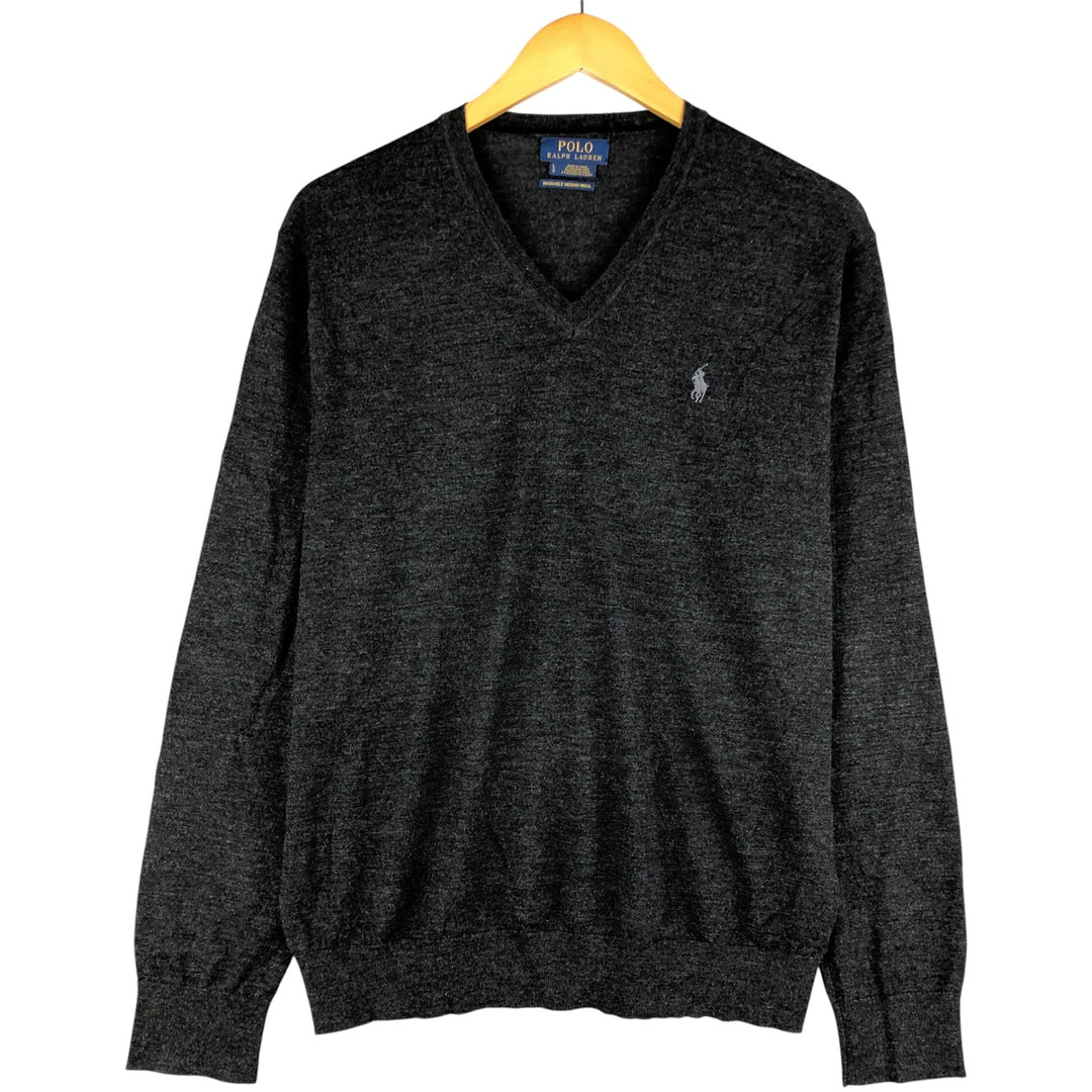 Ralph Lauren POLO RALPH LAUREN V-neck merino wool knit sweater, men's size L Merino wool gray type Vintage Second Hand