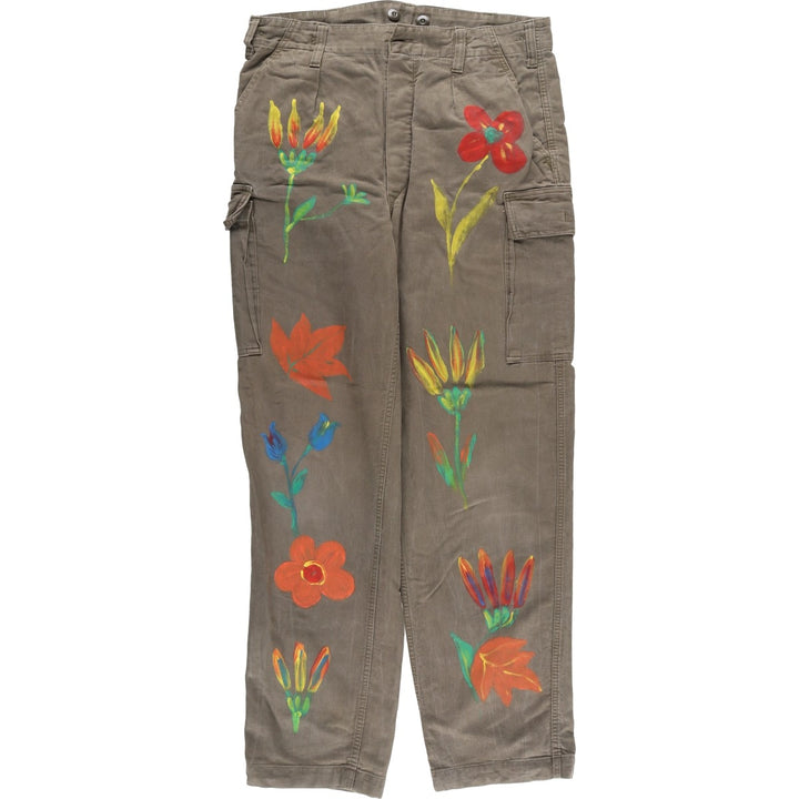 1980'S German Army Moleskine Custom Painted Military Cargo Pants, Size 14, Men's W35 (Vintage) unclear Khaki type Vintage Second Hand