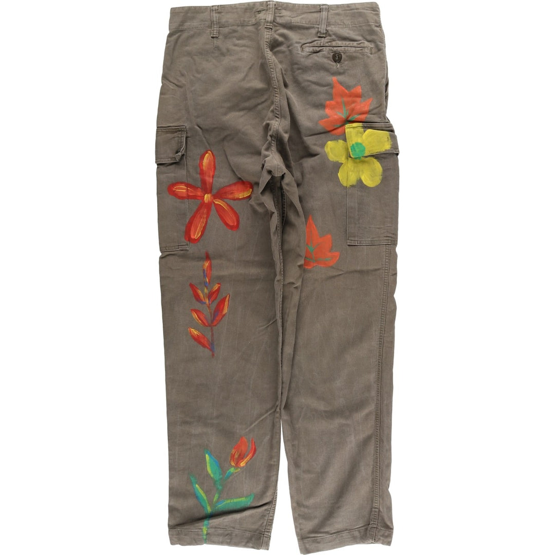1980'S German Army Moleskine Custom Painted Military Cargo Pants, Size 14, Men's W35 (Vintage) unclear Khaki type Vintage Second Hand