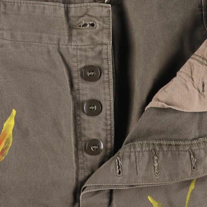 1980'S German Army Moleskine Custom Painted Military Cargo Pants, Size 14, Men's W35 (Vintage) unclear Khaki type Vintage Second Hand