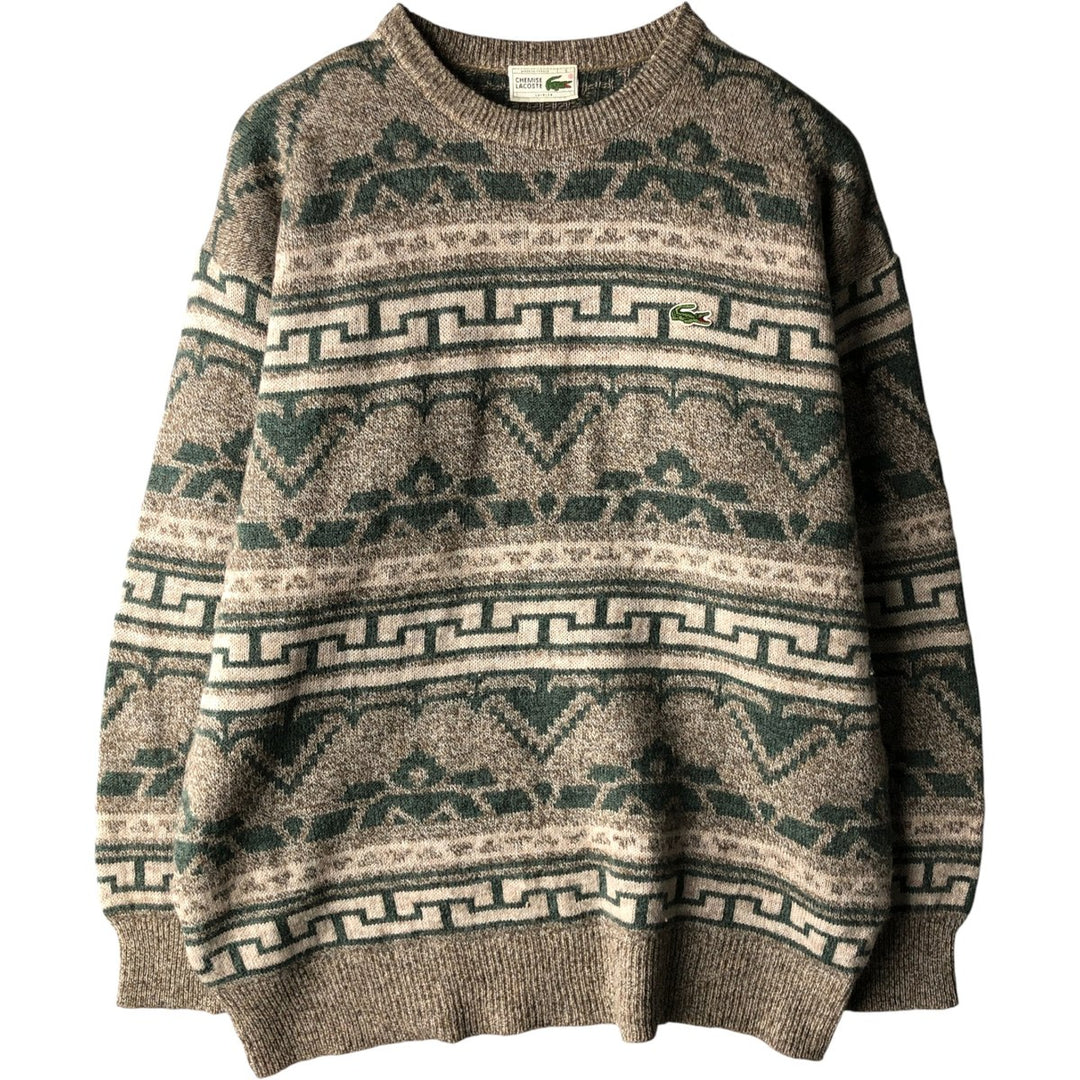 Vintage 1980'S Lacoste Chemise Native Pattern wool knit sweater, Made in France, Size 6 (Men's XL) wool Khaki type Vintage Second Hand