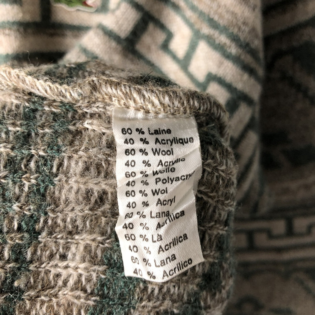 Vintage 1980'S Lacoste Chemise Native Pattern wool knit sweater, Made in France, Size 6 (Men's XL) wool Khaki type Vintage Second Hand