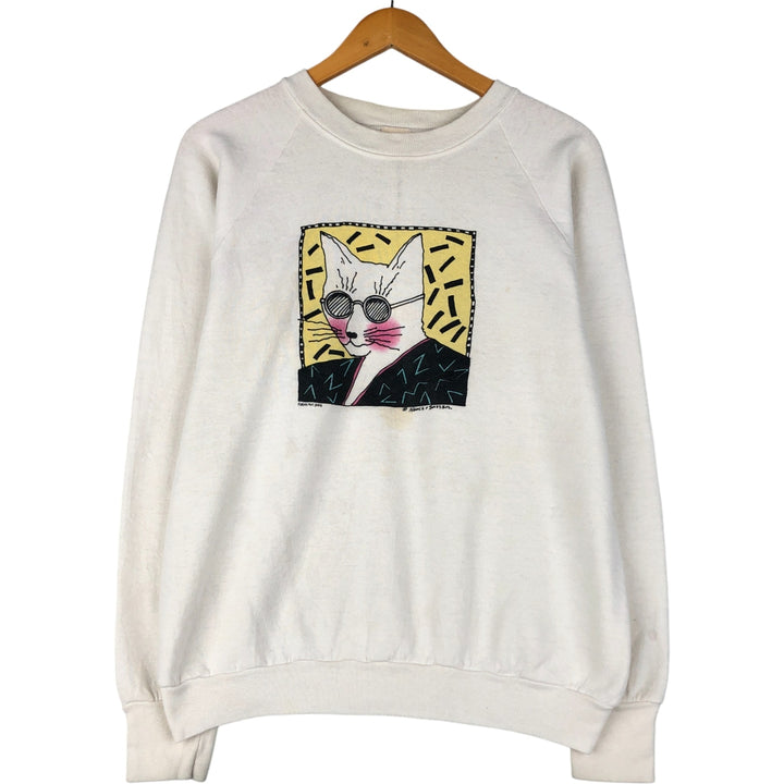 Vintage Nance Sassen cat pattern print sweatshirt, size M, men's unclear pale white type Vintage Second Hand