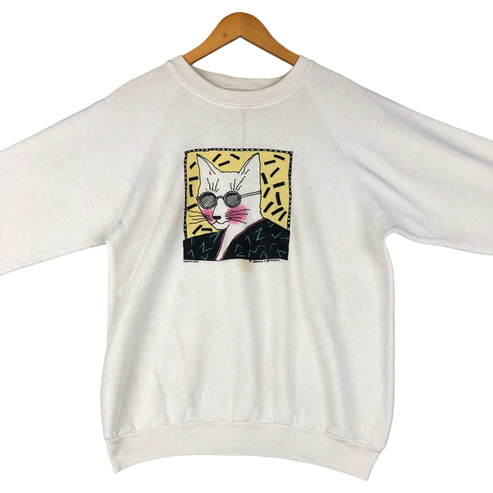 Vintage Nance Sassen cat pattern print sweatshirt, size M, men's unclear pale white type Vintage Second Hand