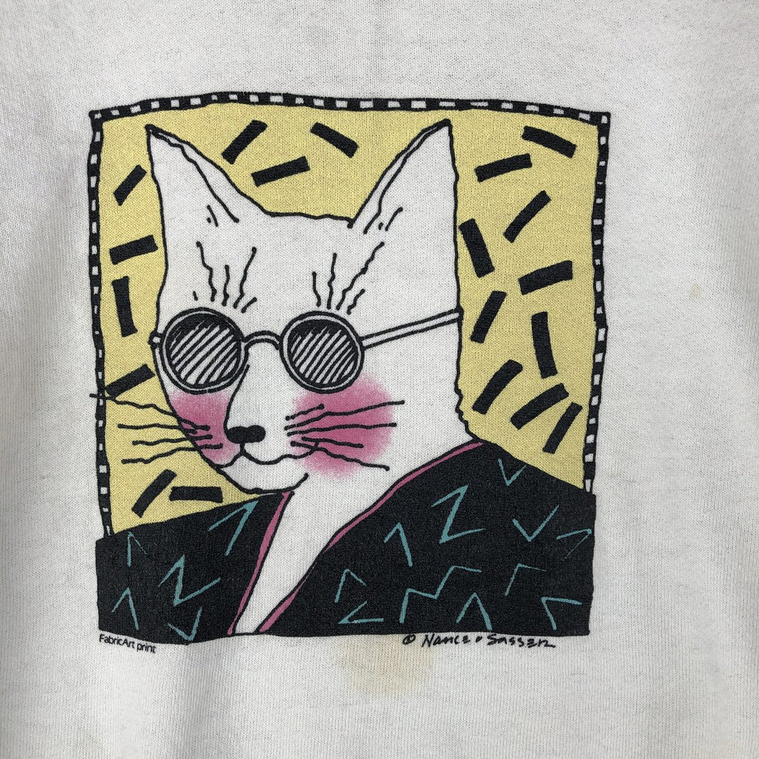 Vintage Nance Sassen cat pattern print sweatshirt, size M, men's unclear pale white type Vintage Second Hand