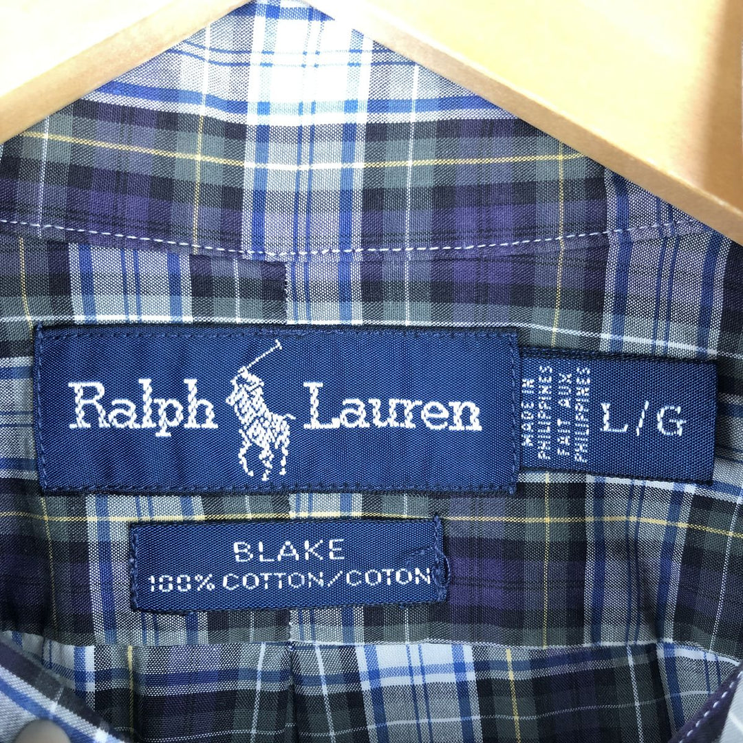 Ralph Lauren BLAKE long sleeve button down check shirt, men's size L cotton navy blue type Vintage Second Hand