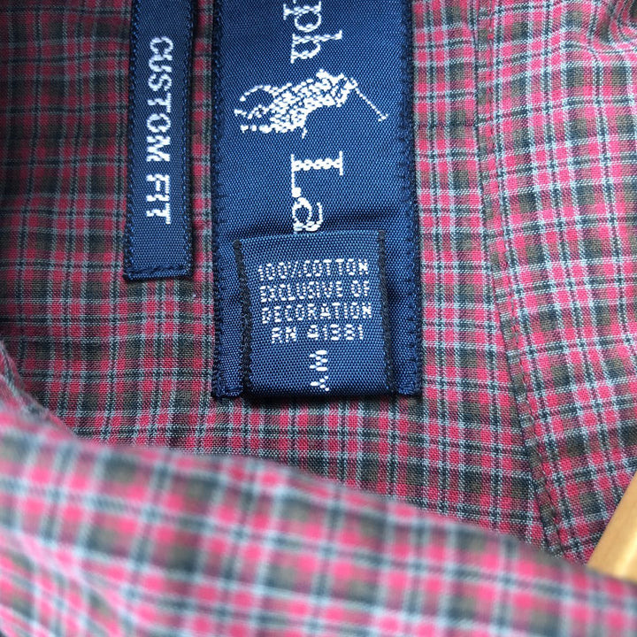 Ralph Lauren CUSTOM FIT long sleeve button down check shirt, men's size L cotton red type Vintage Second Hand