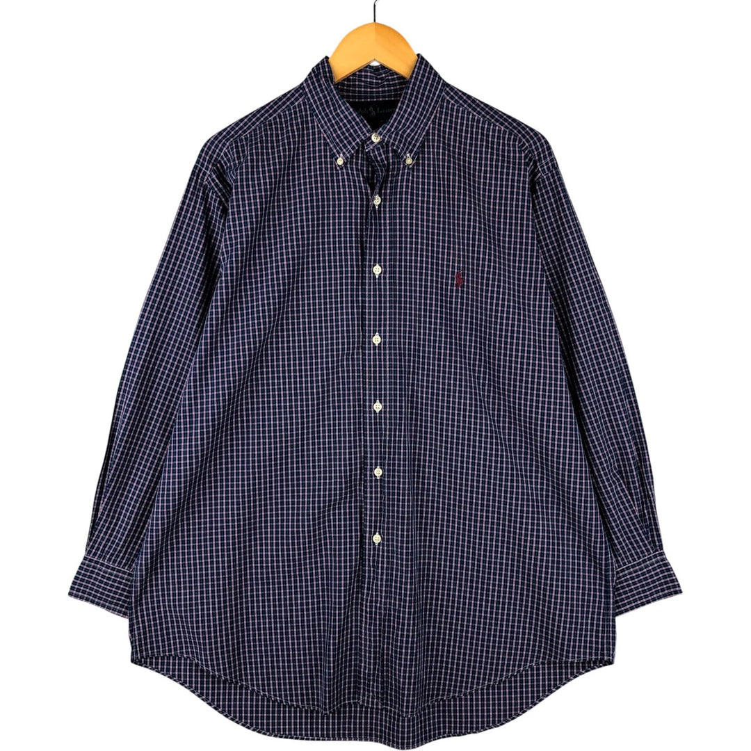 Ralph Lauren YARMOUTH Long Sleeve Button-Down Check Shirt, Men's Size L cotton navy blue type Vintage Second Hand