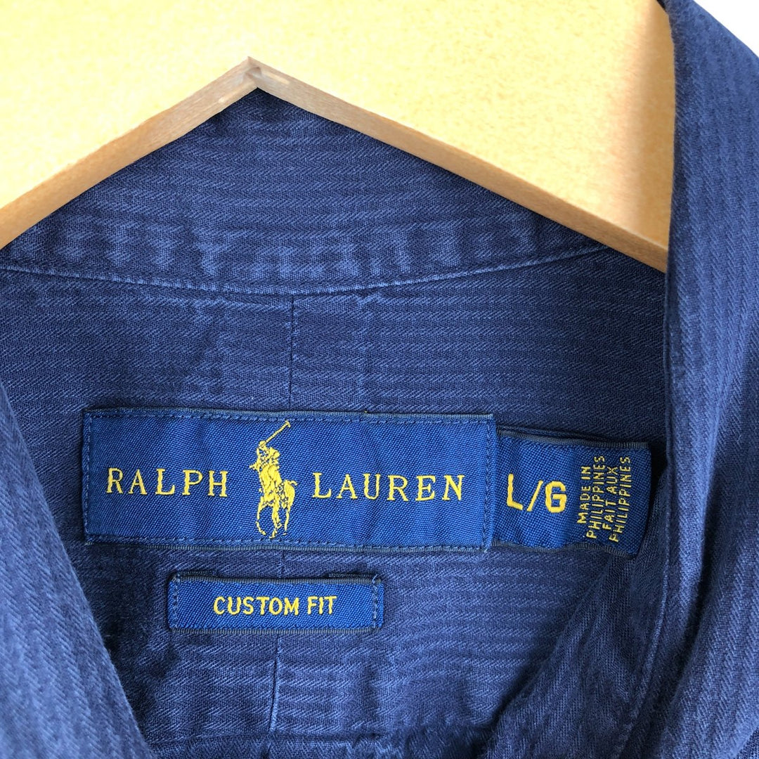 Ralph Lauren CUSTOM FIT long sleeve button down striped shirt men's size L cotton navy blue type Vintage Second Hand