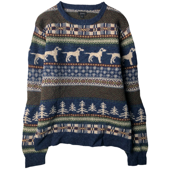 2000'S J.Crew all-over dog print Nordic sweater, men's size XL wool navy blue type Vintage Second Hand