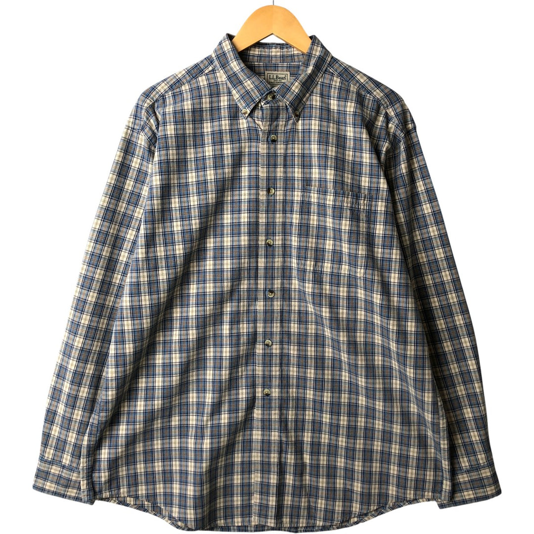 90s-00'S Vintage LLBean Long Sleeve Button-Down Check Shirt, Men's Size L cotton Beige type Vintage Second Hand