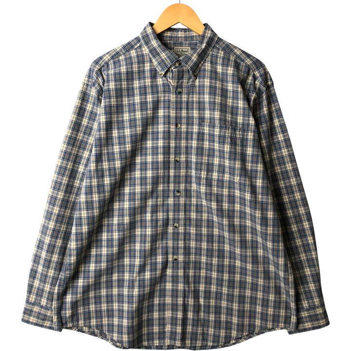 90s-00'S Vintage LLBean Long Sleeve Button-Down Check Shirt, Men's Size L cotton Beige type Vintage Second Hand