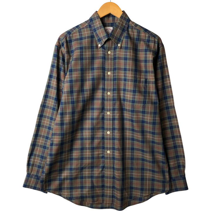 Brooks Brothers 346 Long Sleeve Button-Down Check Shirt, Men's Size Medium cotton beige type brown Vintage Second Hand
