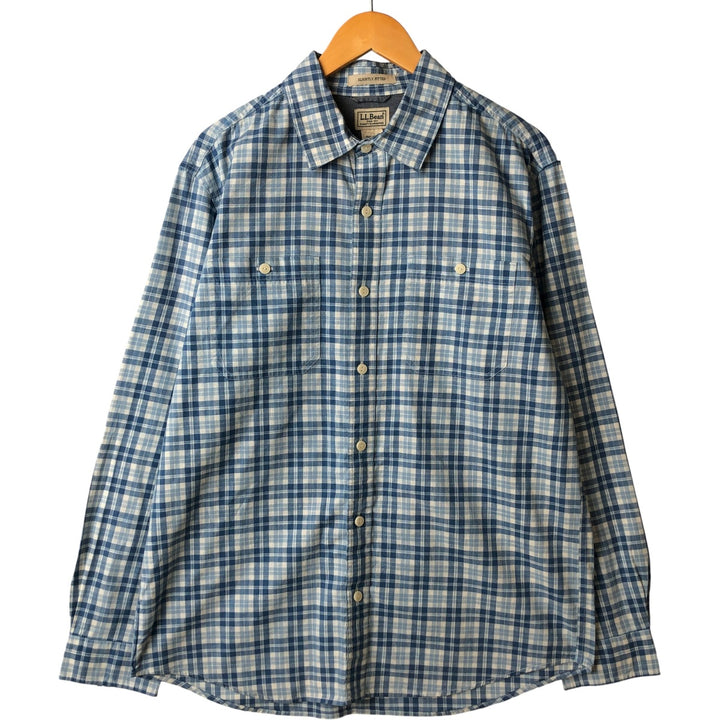 90s-00'S LLBean Slightly Fitted Long Sleeve Cotton Check Shirt, Men's Size L, Vintage cotton Blue type light blue Vintage Second Hand