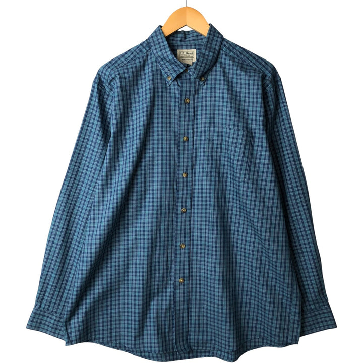 90s-00'S Vintage LLBean Traditional Fit Long Sleeve Button-Down Check Shirt, Men's Size L cotton navy blue type Vintage Second Hand