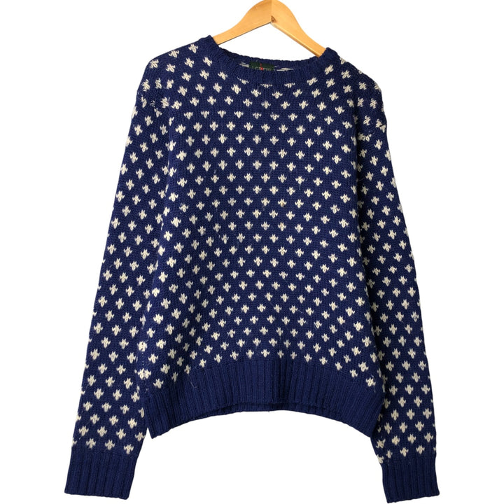 90'S J.Crew all-over print wool knit sweater, men's size L, vintage wool navy blue type Vintage Second Hand