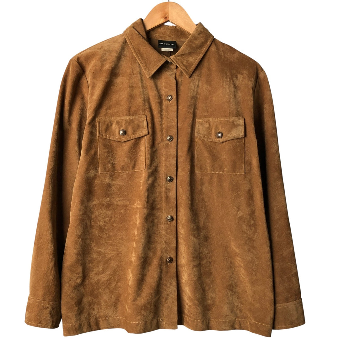 20 SOUTH Long Sleeve Faux Suede Box Shirt, Made in USA, Women's Size L Rayon beige type brown Vintage Second Hand