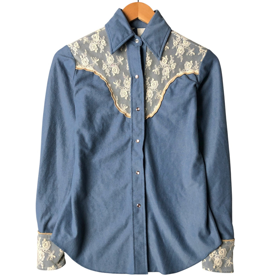 Vintage 1970'S Miss Rodeo America long-sleeved western shirt, size S, women's polyester Blue type light blue Vintage Second Hand