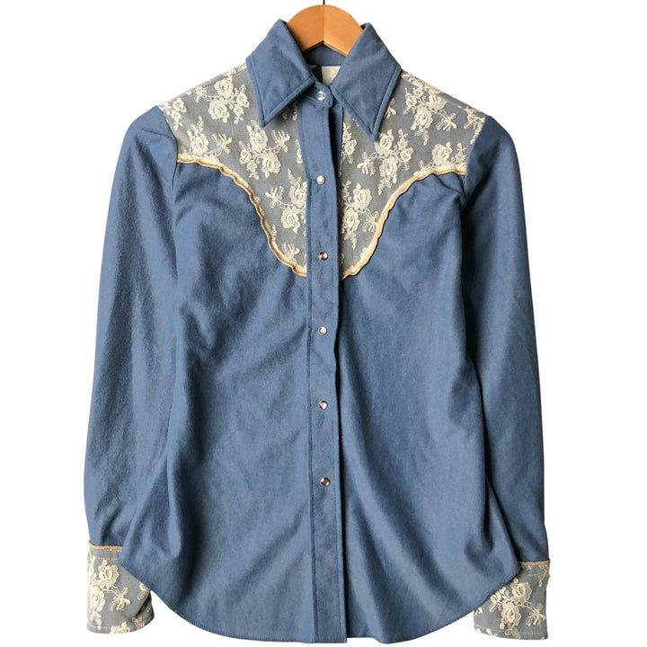 Vintage 1970'S Miss Rodeo America long-sleeved western shirt, size S, women's polyester Blue type light blue Vintage Second Hand
