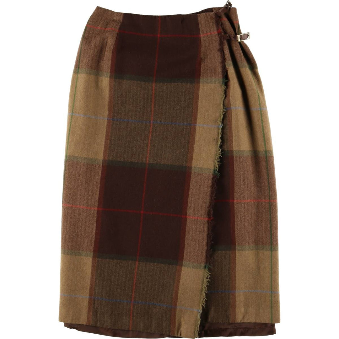 Vintage 90'S TALBOTS Check Pattern Wool Midi Wrap Skirt, Women's Size M wool brown type Vintage Second Hand