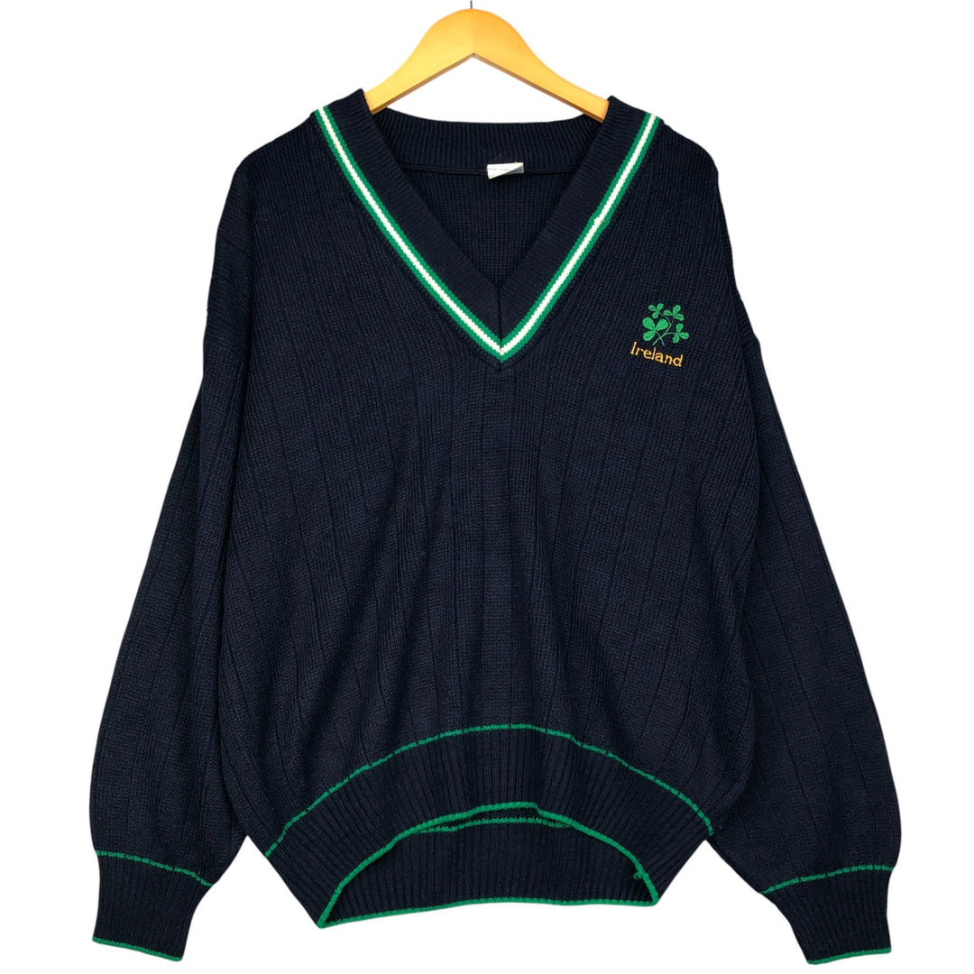 V-neck acrylic knit sweater, men's size L acrylic navy blue type Vintage Second Hand
