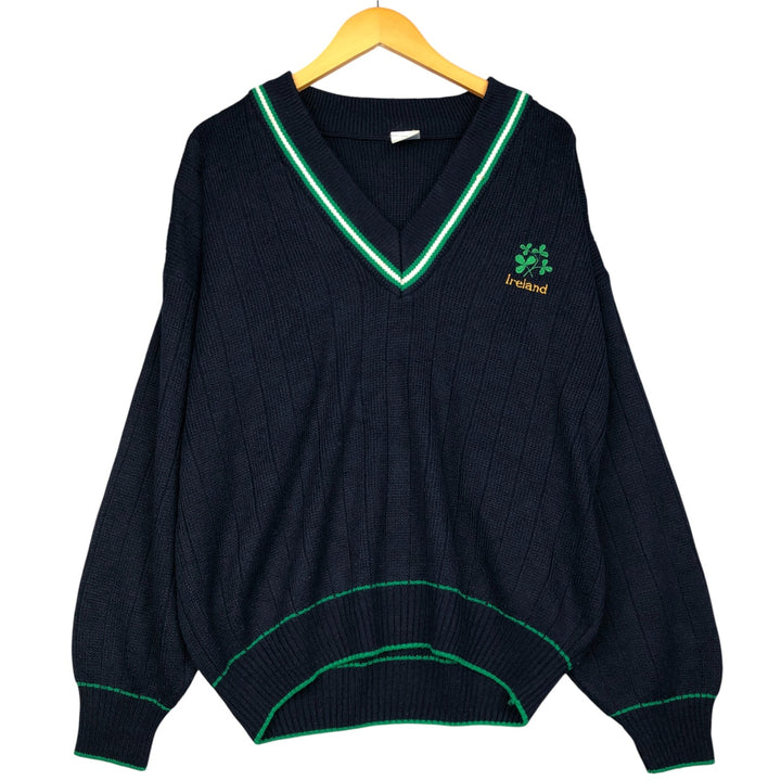V-neck acrylic knit sweater, men's size L acrylic navy blue type Vintage Second Hand