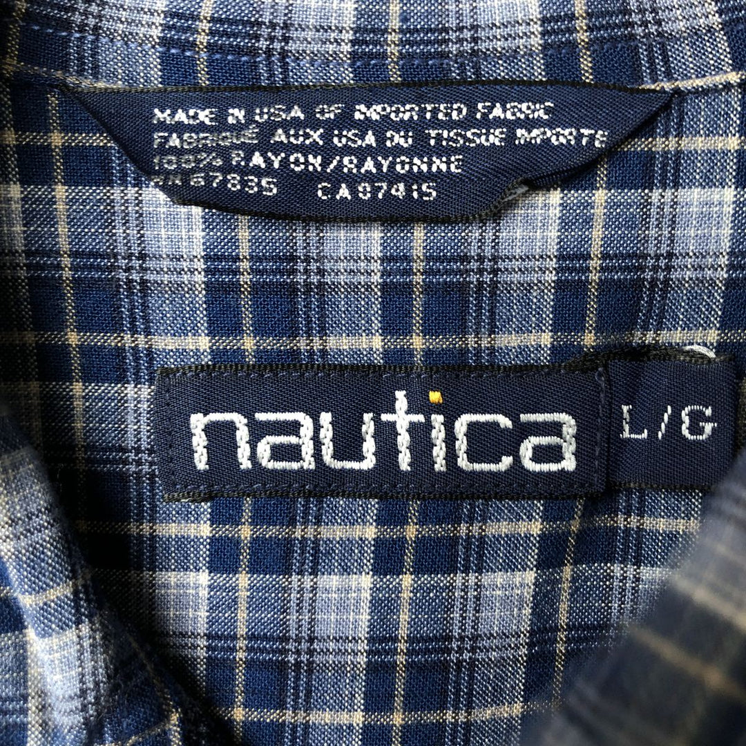 Vintage 90s-00'S Nautica Check Pattern Long Sleeve Button-Down Rayon Shirt, Made in USA, Men's Size L Rayon navy blue type Vintage Second Hand