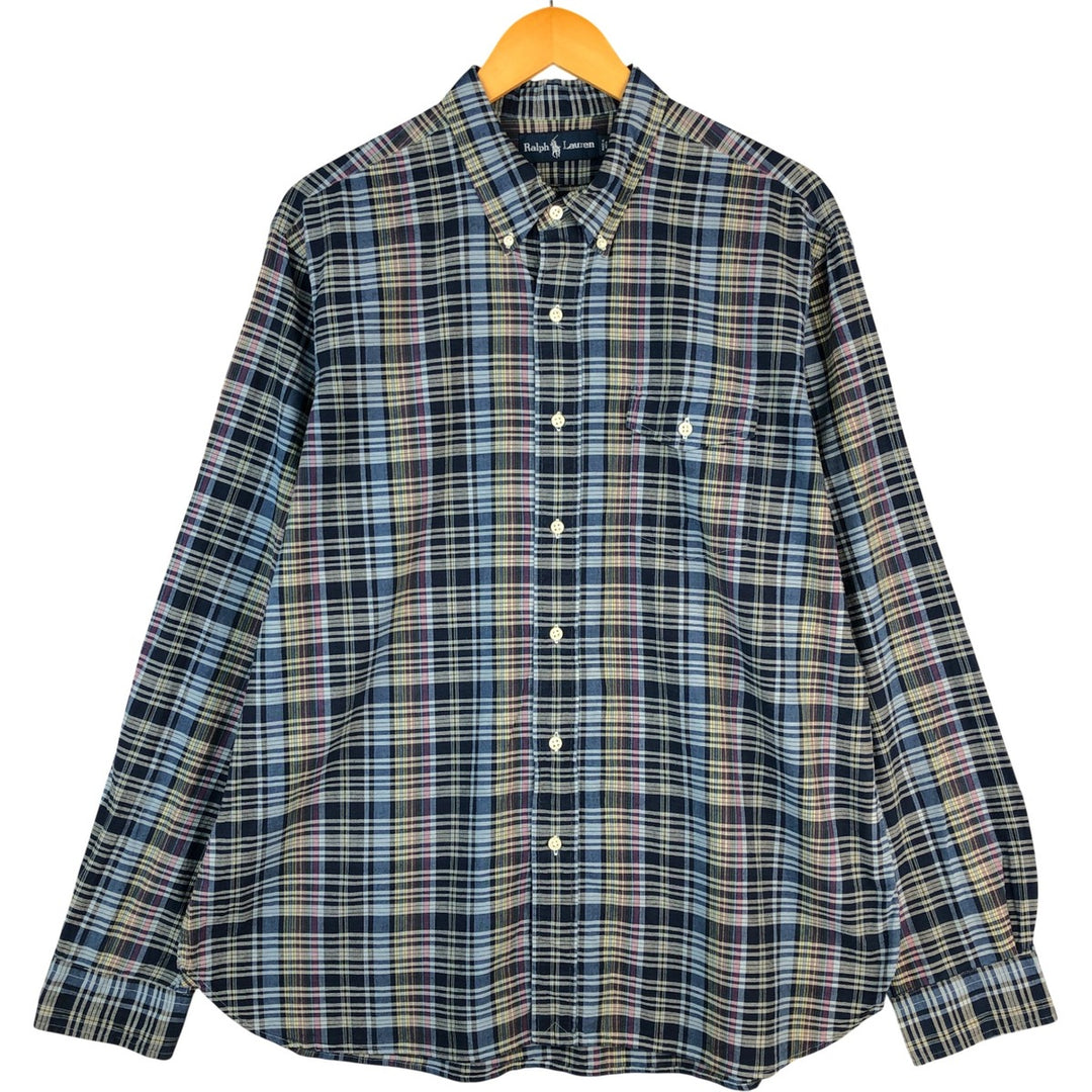Ralph Lauren long sleeve button down check shirt, men's XL size cotton navy blue type Vintage Second Hand