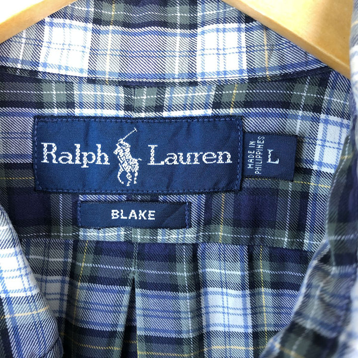 Ralph Lauren BLAKE long sleeve button down check shirt, men's size L cotton navy blue type Vintage Second Hand