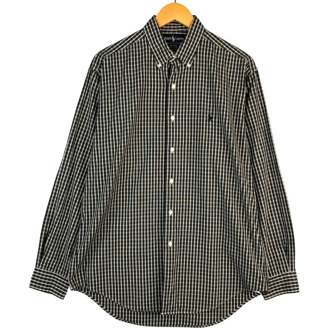 Ralph Lauren MARLOWE long sleeve button down check shirt, men's size M cotton navy blue type Vintage Second Hand