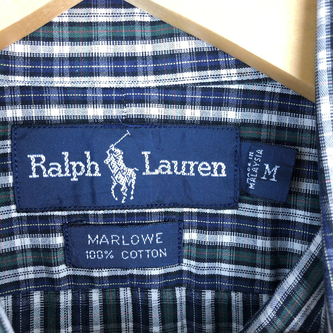 Ralph Lauren MARLOWE long sleeve button down check shirt, men's size M cotton navy blue type Vintage Second Hand