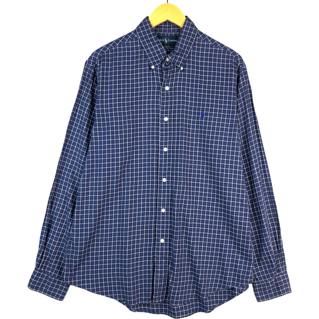 Ralph Lauren CUSTOM FIT long sleeve button down check shirt, men's size L cotton Navy blue Vintage Second Hand