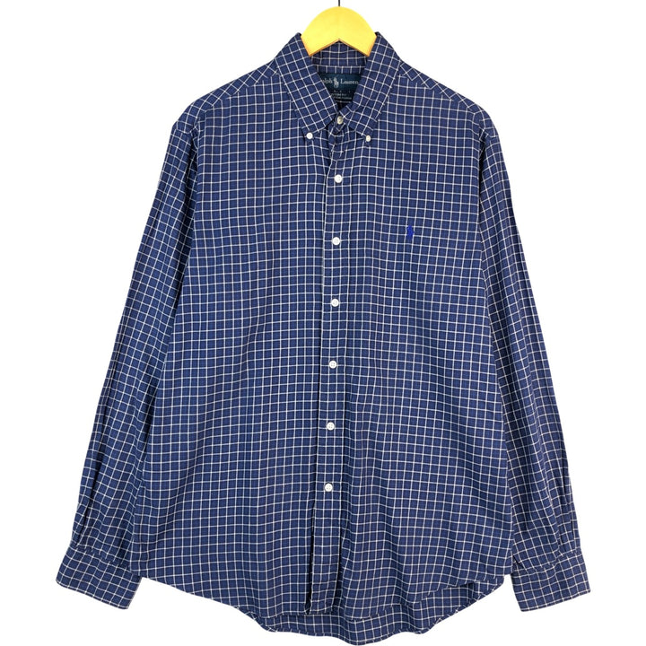 Ralph Lauren CUSTOM FIT long sleeve button down check shirt, men's size L cotton Navy blue Vintage Second Hand