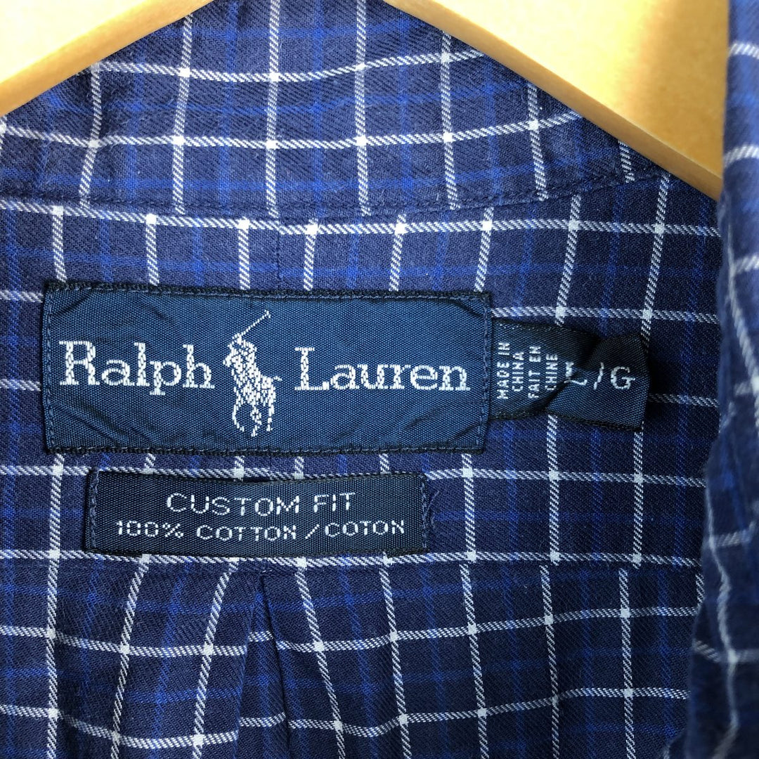 Ralph Lauren CUSTOM FIT long sleeve button down check shirt, men's size L cotton Navy blue Vintage Second Hand