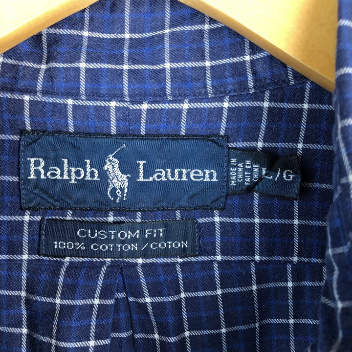 Ralph Lauren CUSTOM FIT long sleeve button down check shirt, men's size L cotton Navy blue Vintage Second Hand